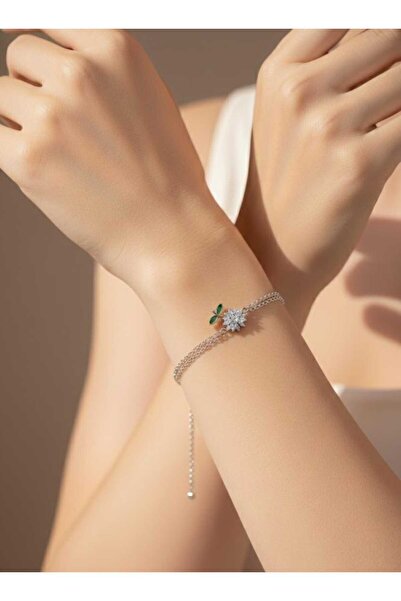 Clariss Zirkon Taşlı Dönebilen Çiçek Figürlü Gümüş Renk Çift Zincirli Çelik B...