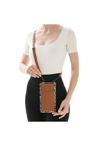 MissBag Kadın El Yapımı Etnik Desenli Telefon Bölmeli Taba Ekru Mini Çapraz A...