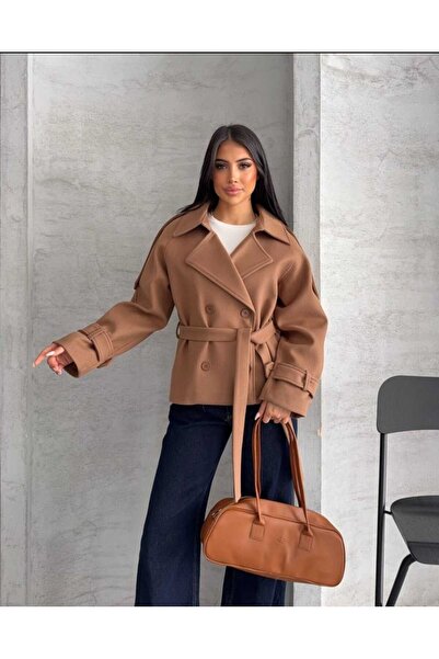 Azra Moda Style New Season Cashmere Coat with Tie Detail, Buttoned, Lined for...