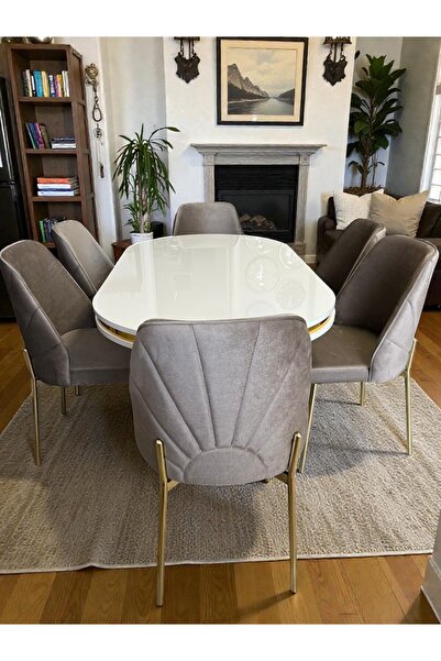 MSY HOME 6 Kişilik Nova White Gold Beyaz Masa Yönsüz Kumaş Modern Ve Şık Yeme...