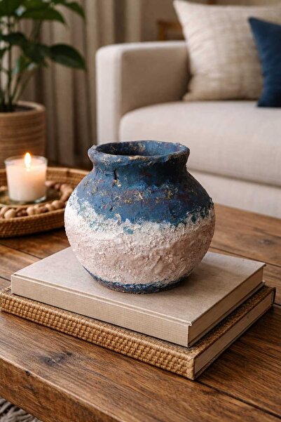 Atiz Çömlek evi Handmade Clay Decorative Textured Vase Cobalt I