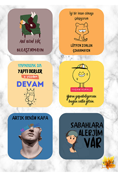 Eylül Design Fun Humor Themed 6 Pieces of Special Design a Quality Mdf Square...