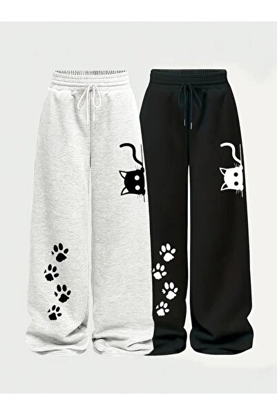 Le Vion Şardonlu Kışlık Kadın Kedi Baskı 2'Li Siyah + Gri Eşofman Altı Bol Pa...