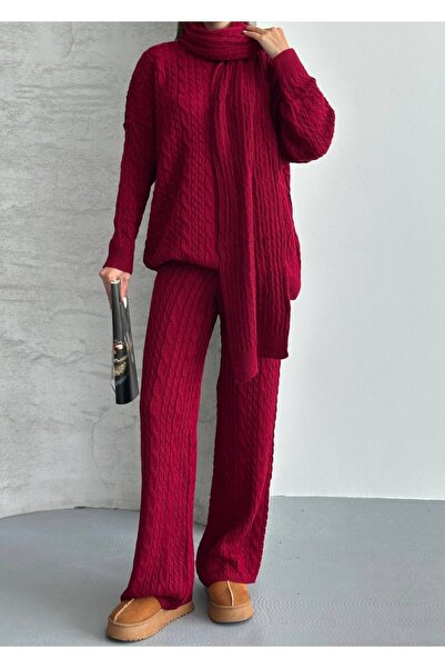 Brood Knitwear Knitted Patterned 3-Piece Set-Set Shawl-Sweater-Pants Bottom-Top Set