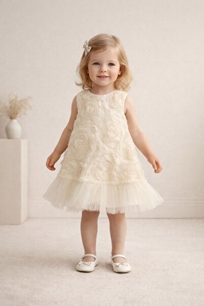 SweetMe Рокля за момиченце с триизмерна пола с флорални мотиви и тюлени детайли, официална рокля за рожден ден