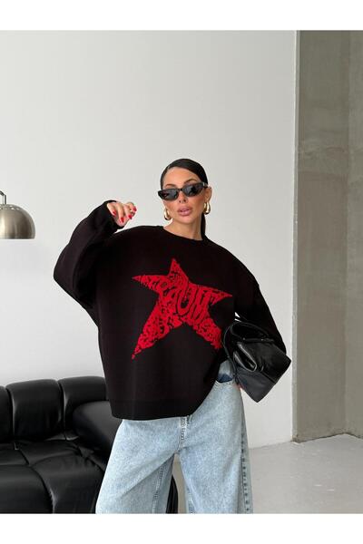 huhu Women's Star Oversized Knitwear Sweater - Soft Textured Crew Neck