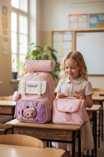 JOJO KIDS Girl's 3-piece set primary school backpack, waterproof fabric bag, thermal lunch bag.