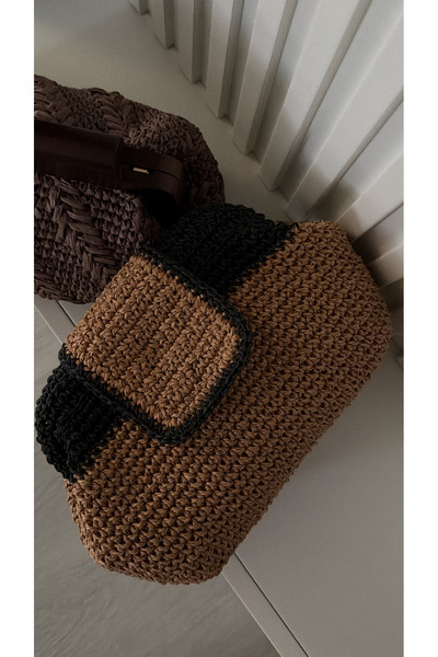 WOMANBAG EL YAPIMI İKİ RENK HASIR CLUTCH EL ÇANTASI 35x20cm