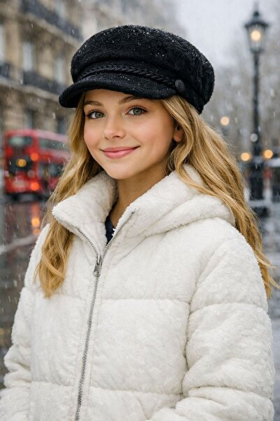 FELLMENS Șapcă neagră din pluș cu textura moale, pălărie pentru fete, 10-18 ani