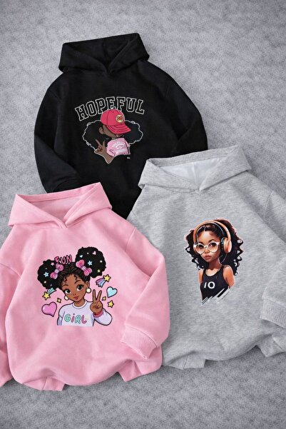 Kids Çocuk Kıvırcık Kız Baskılı 3'lü Kapüşonlu Sweatshirt