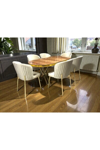 MSY HOME 6 Kişilik Berya Ceviz Oval Masa Krom Ayak Yönsüz Kumaş Modern Ve Şık...