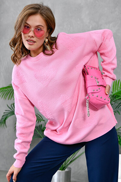 CARLA MARA Women's Heart Patterned Thin O Oversized Pink Knitwear Sweater