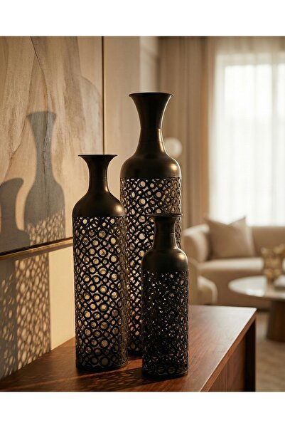 Noor طقم مزهريات ( فازات ) عالية الجودة , حديد لون اسود بزخرفة جميلة, 15*50 , 17*65 , 20*85