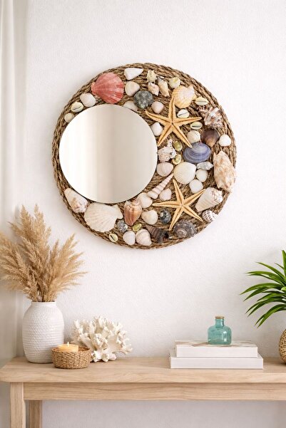 AYBÜK PABUÇ Bohem Hasır Çerçeveli Deniz Kabuklu Dekoratif Duvar Aynası - 33 cm
