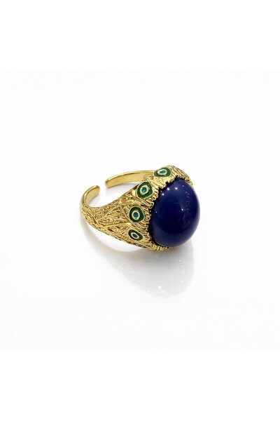 neslyaccessories Statament Series - Blue Oval Stone Adjustable Ring (Gold)