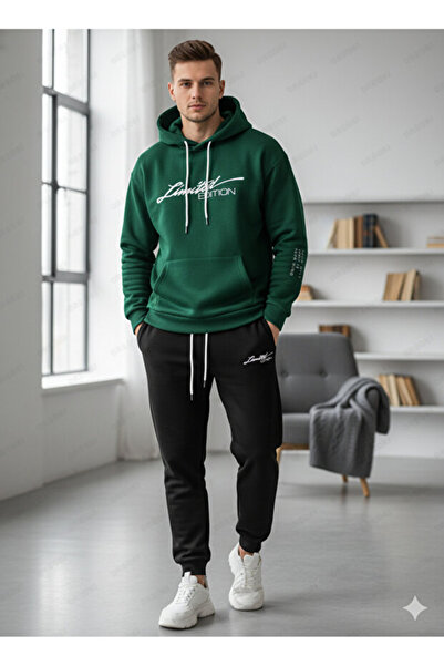 ALİ.COM Men's Hooded Winter'Limited' Printed Three Yarn-In-Cotton Tracksuit Set-Top and Bottom Set