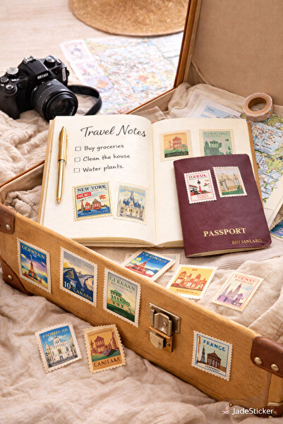 jadesticker Vintage Travel Stamp Sticker Seti – Retro Dünya Şehirleri & Pul T...