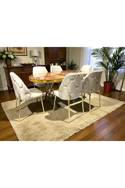 MSY HOME 6 Kişilik Ada Gold Serisi Ceviz Masa Yönsüz Kumaş Lüks Ve Modern Yem...
