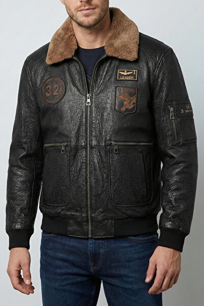 ECOTİQUE Erkek Siyah Armalı Kürk Yaka Hakiki Deri Pilot Mont Ceket