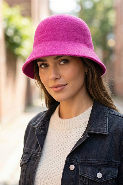 Kapin Bell Hat Wool Felt Bucket Hat Crumpled Fabric - Fuchsia