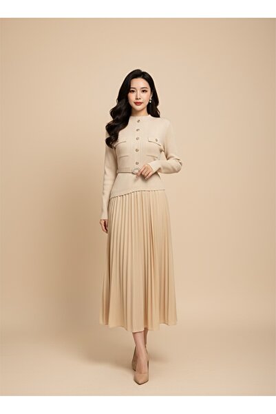 CATALEYA Women's knit dress with pleated skirt and belt – elegant and feminine style