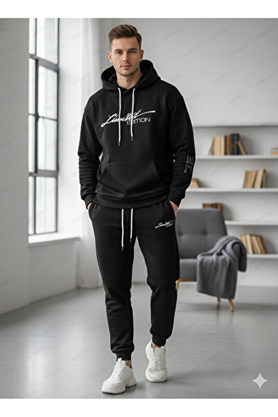 ALİ.COM Men's Hooded Winter'Limited' Printed Three Yarn-In-Cotton Tracksuit Set-Top and Bottom Set
