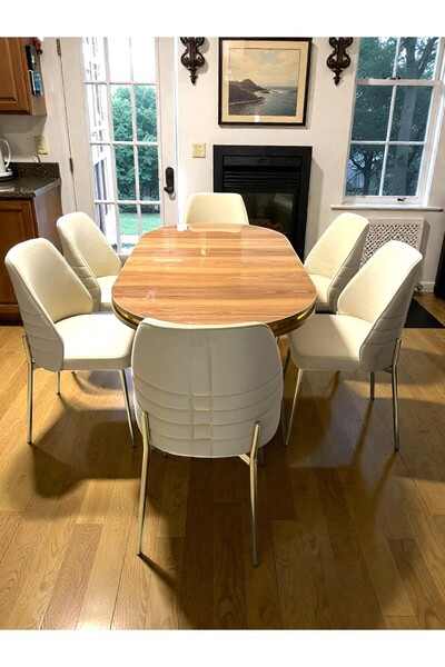 MSY HOME 6 Kişilik Monaco Stil Gold Çizgili Yönsüz Kumaş Modern Yemek Odası Seti