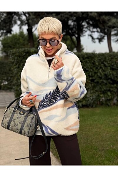 mzr Yarım Fermuarlı Dik Yaka Manzara Desenli Sweatshirt