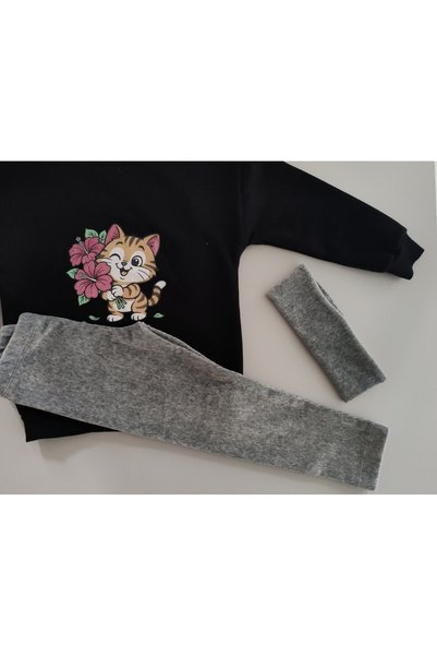 Kerimino Cute Cat Tunic Sweatshirt & Corded Fabric Velvet Leggings and Headband 3-Piece Winter Set for Girls