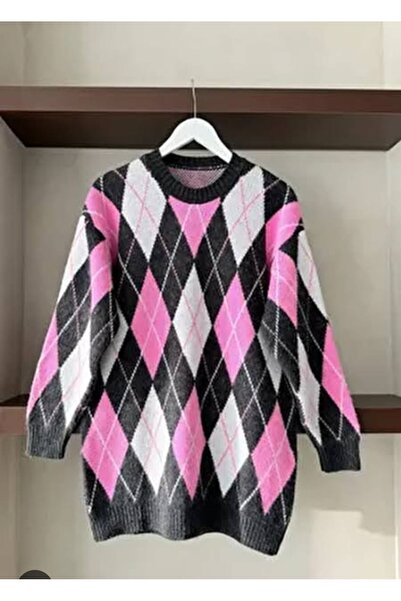 AXXAN Ovarsize Yumoş Sweater Quality Soft Plaid Sweater Checkered Colorful Sweater