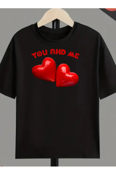 TİMİSİVA Unisex Oversized Youandme Printed Crew Neck Short Sleeve Black T-Shirt