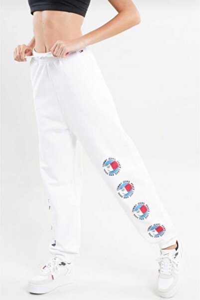 Tommy Jeans Women's sweatpants, 100% cotton, White, with PEACE LOVE AND SOUL logo, Elastic waist with drawstring