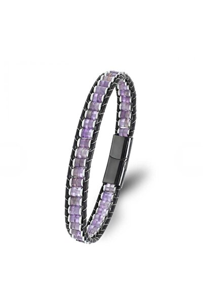 Efulim Hediyelik Amethyst & Hematite Natural Stone Steel Mesh Leather Bracelet