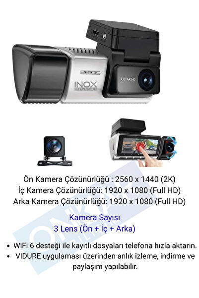 inoxdigital X603 2K 3 KAMERALI WİFİ BAĞLANTILI ARAÇ İÇİ VE ARAÇ DIŞI DASHCAM ...