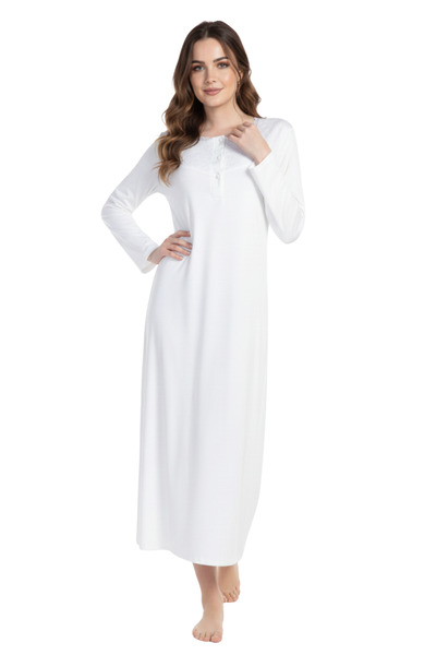 bigmama Women's Viscose Cotton Long Sleeve Nightgown with Lace Detailing and ...