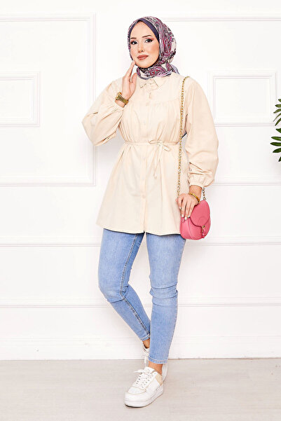 EBRUTESETTÜR Roba Gathered Waist Lace-Up Hijab Shirt Beige