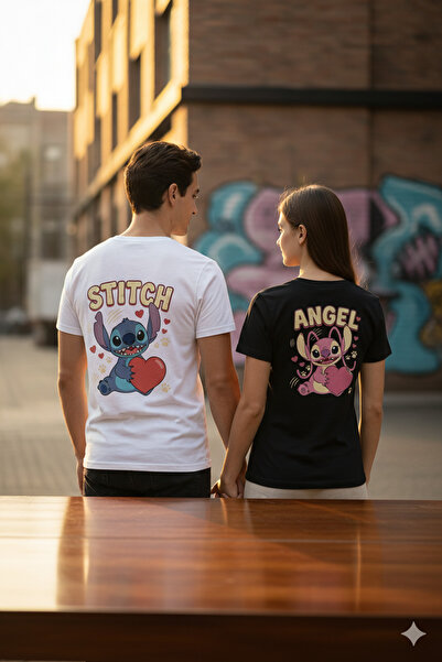 STONE HEART EU ستيتش وأنجل - تي شيرت مزدوج ليلو وستيتش