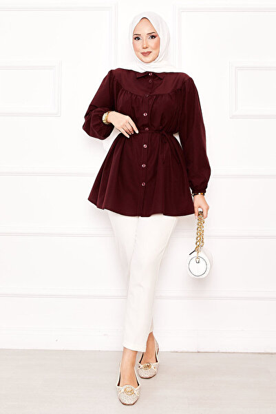 EBRUTESETTÜR Roba Shirred Waist Lace-Up Hijab Shirt Burgundy