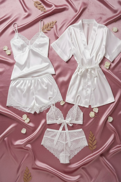 ZENCHES Kadın Saten 5’li Çeyiz Seti Ekru-Dantel Detaylı Şortlu Gecelik Takım,...