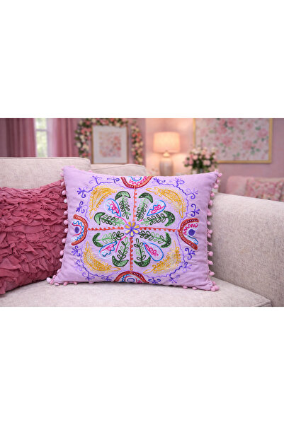 Miss Boheme Pink Color Powder Dream Embroidered Pompom Bohemian Pillowcase 40...