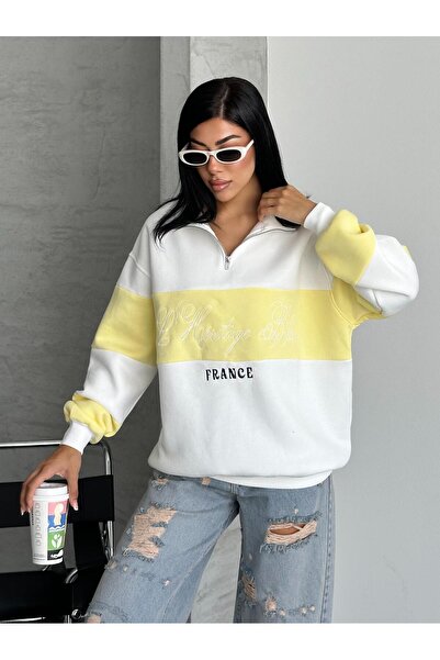 FERZOLAİO France Embroidered Yellow and White Sweatshirt