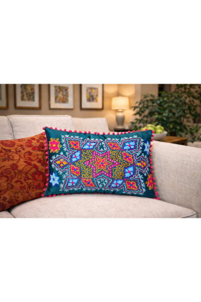 Miss Boheme Petrol Color Ethnic Star Mandala Embroidered Pompom Bohemian Pill...