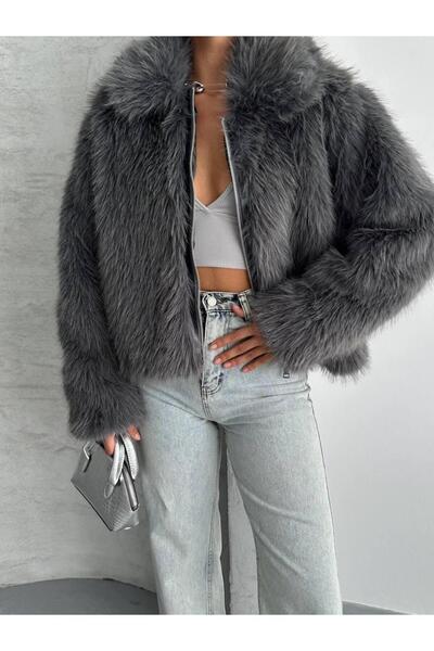 Lunea Womens فرو ناعم عالي الجودة بياقة رمادية وسحاب للنساء