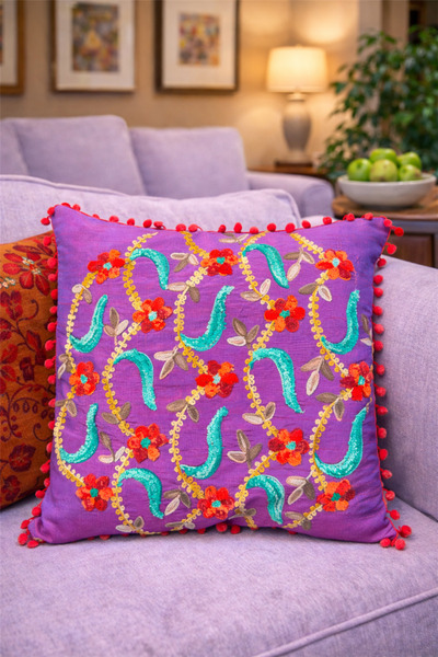 Miss Boheme Purple Color Ivy Embroidered Pompom Bohemian Pillow Case 40Cmx40Cm