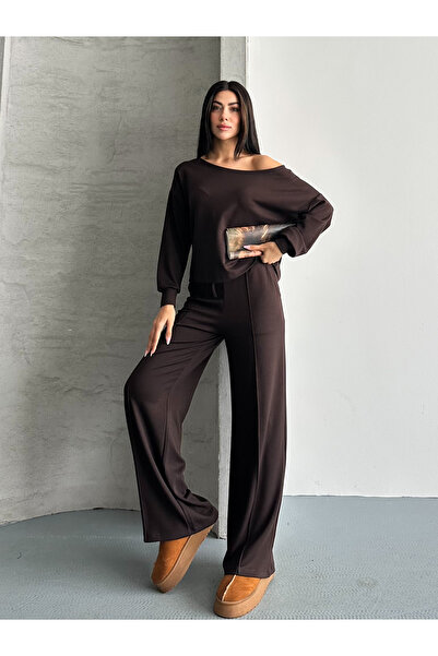 FERZOLAİO Asymmetrical Collar Off-Shoulder Brown Tracksuit Set