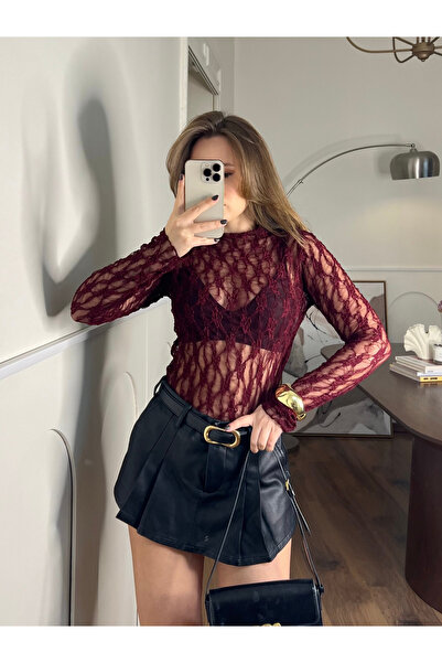 FERZOLAİO Lace Textured Burgundy Transparent Blouse