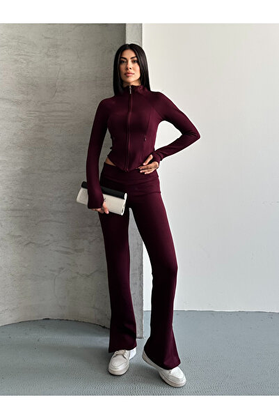 FERZOLAİO Sport Crop Burgundy Tracksuit Set