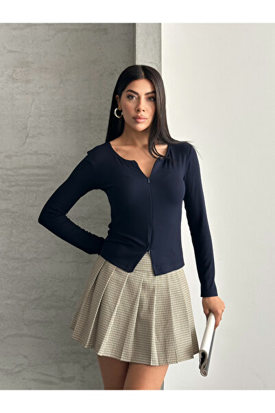 FERZOLAİO Full Length Zippered Crew Neck Navy Blue Blouse