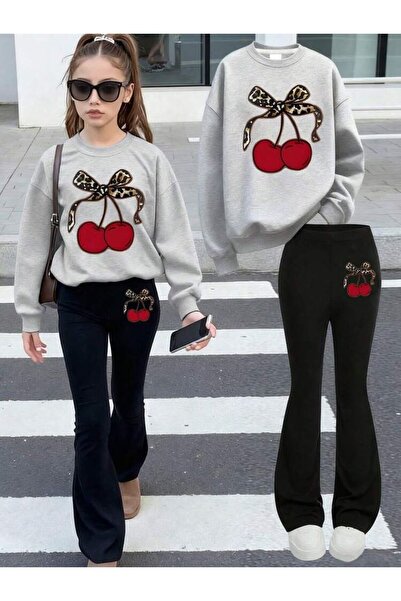 Kids Alt Üst Kiraz Baskılı Üst Gri Alt Siyah İspanyol Paça