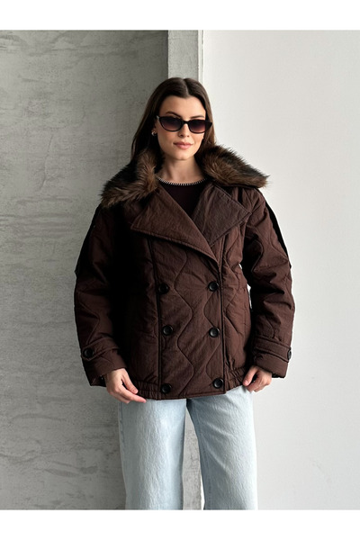 FERZOLAİO Fur Collar Quilted Brown Coat